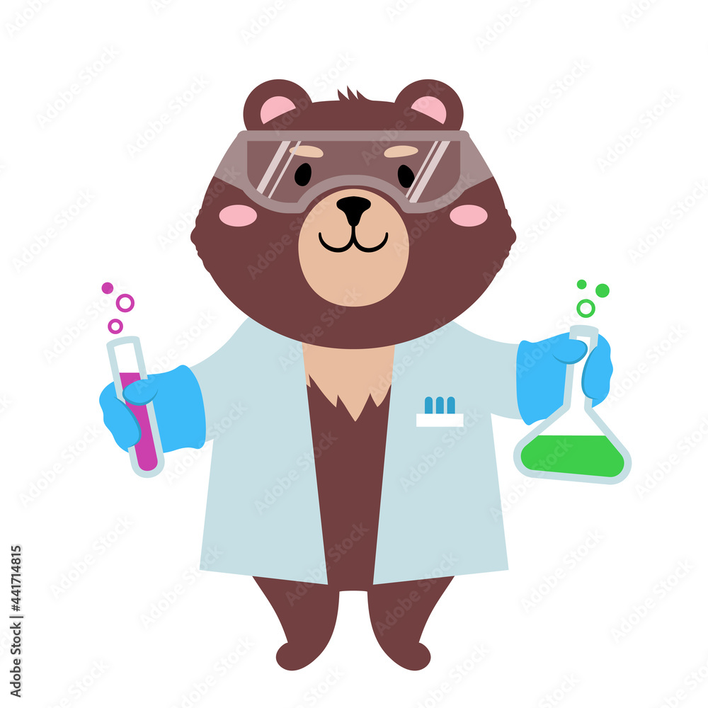 Vector illustration of a cute cartoon teddy bear in lab coat with test