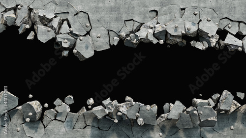 Fototapeta Naklejka Na Ścianę i Meble -  Destroyed wall cracked on two parts with a hole in the middle, 3d illustration
