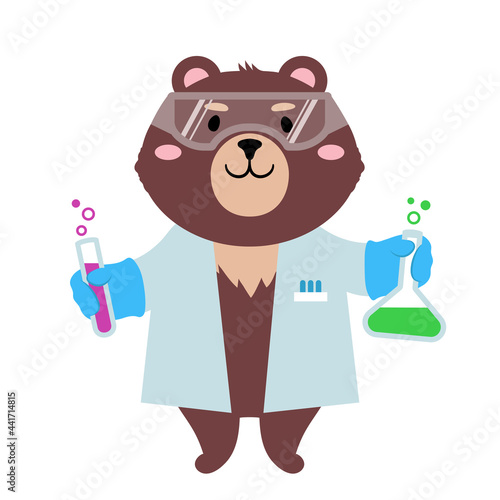 Vector illustration of a cute cartoon teddy bear in lab coat with test tubes
