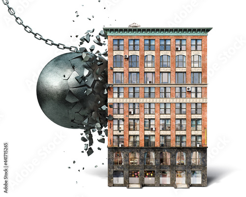 A wrecking ball is destoyed into pieces when hitting the building, 3d illustration photo