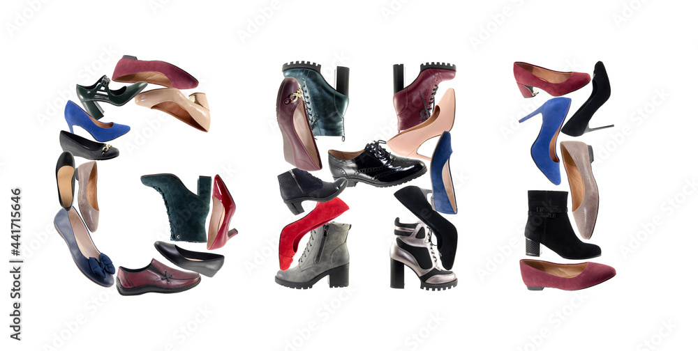Obraz premium Alphabet shoes. GHI letters from shoes isolated on white background. Letters are made from different shoes.