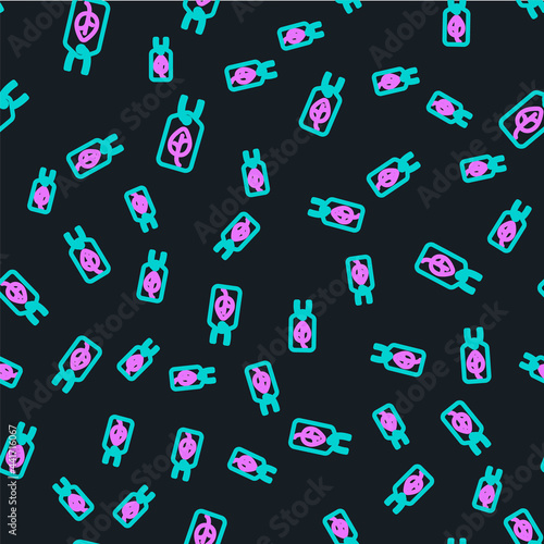 Line Vegan food diet icon isolated seamless pattern on black background. Organic, bio, eco symbol. Vegan, no meat, lactose free, healthy, fresh and nonviolent food. Vector