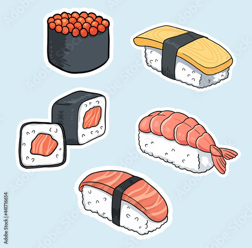 collection of illustrations with sushi in comic cartoon style