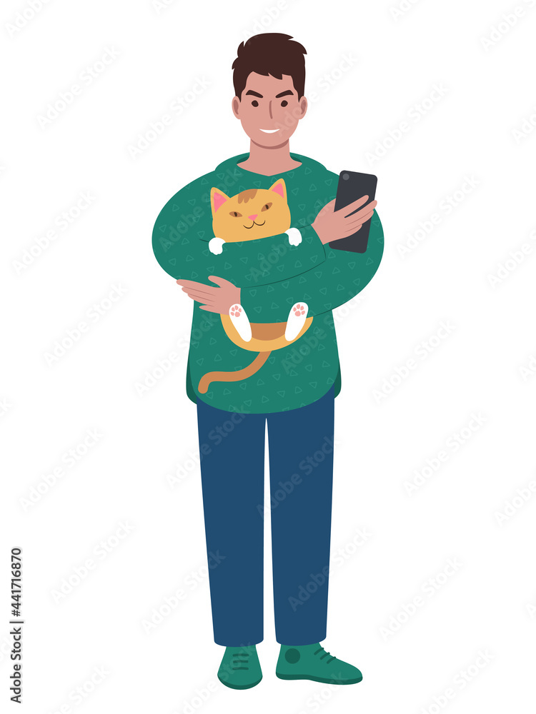 Modern young caucasian man with cat and smartphone Modern young caucasian man with cat and smartphone
