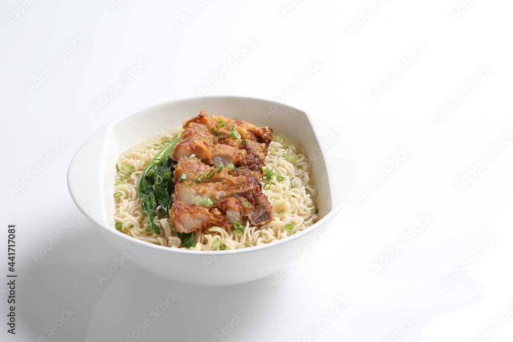 chef cook noodle mee soup with grilled chicken chop, pork cutlet and vegetable asian halal menu chef cook noodle mee soup with grilled chicken chop, pork cutlet and vegetable asian halal menu