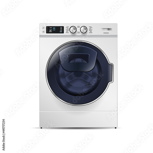 washing machine isolated on white background front view of steel washer domestic household appliance
