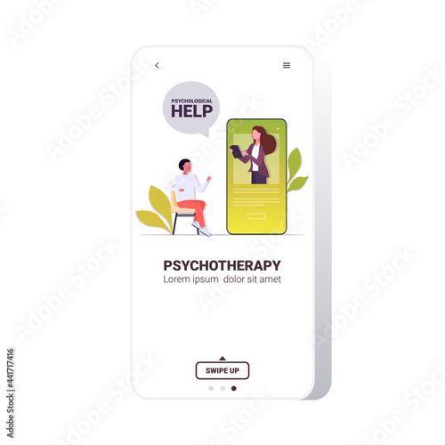 man visited online psychologist in smartphone screen female psychotherapist consulting male patient