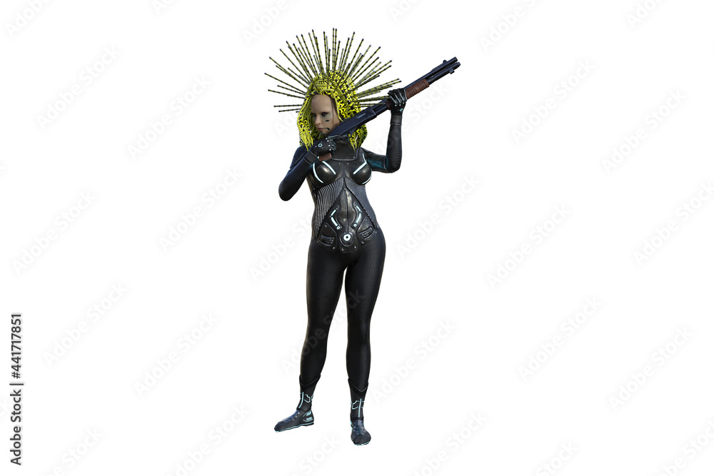 Obraz premium Woman from the future poses with the shooting rifle..Different poses isolated on a white background. 3D figure clip art as a template for collage. 3D rendering, 3D illustration.