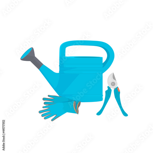 set different gardening tools various garden equipment watering can pruners and gloves isolated
