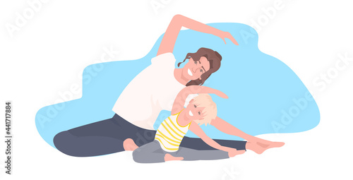 mother with daughter doing physical exercises woman engaged in fitness or yoga with little girl