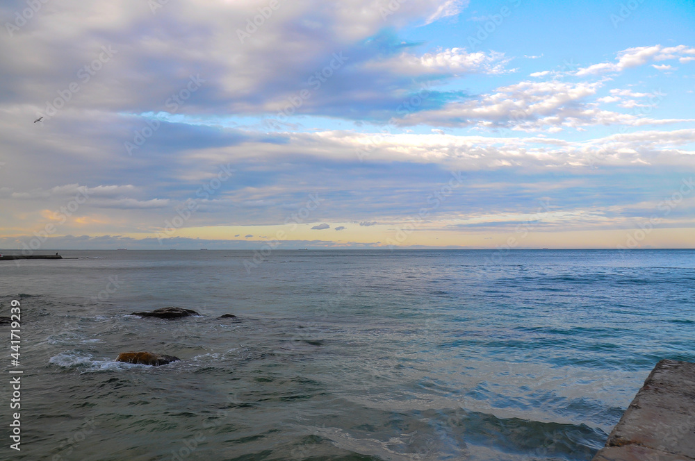 Obraz premium Seascape During Sunset. Natural Seascape in Odessa. Life Style. Blue and Pink Sky