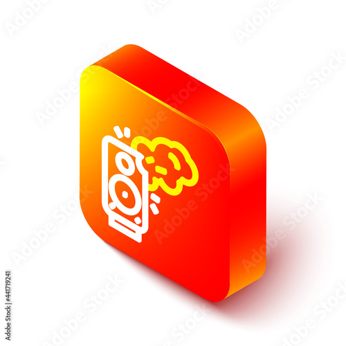Isometric line Stereo speaker icon isolated on white background. Sound system speakers. Music icon. Musical column speaker bass equipment. Orange square button. Vector