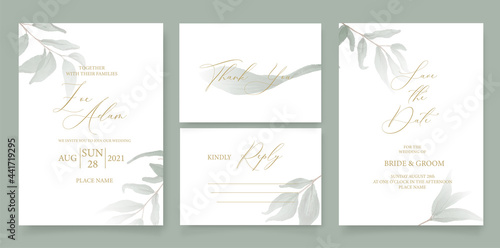 Wedding invitation template, with watercolor green leaves, brunches, and handmade calligraphy. © ku4erashka