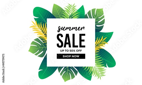 Topical summer sale promotion template. Floral leaves arrangement vector illustration.