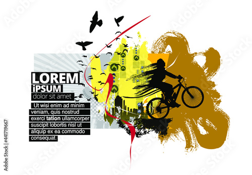 Active young man doing tricks on a bicycle, extreme sport concept. Sport background ready for poster or banner, vector