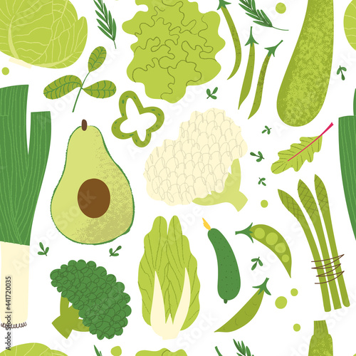 Green vegetables pattern. Healthy vegan food concept. Flat hand drawn veggies in fresh print for plant-based diet menu. Avocado, leek, cauliflower, broccoli with leaves and greenery.