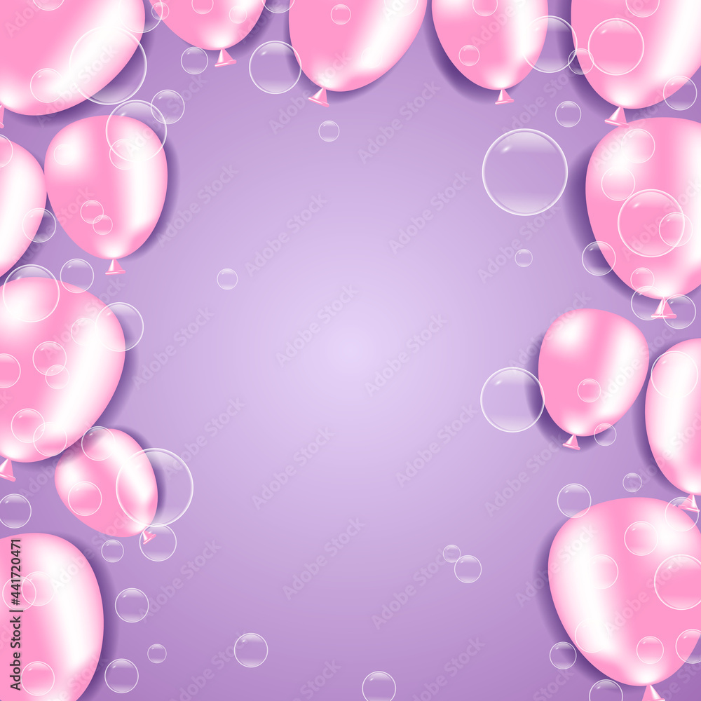Balloons and bubbles on purple background. For banners, cards, flyers, advertisements.