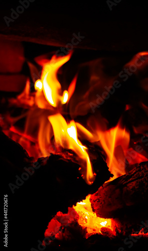 Heat energy heap closely, red and yellow, thermal energy at the fuel point during the night. Fire with a black background for the wallpaper.