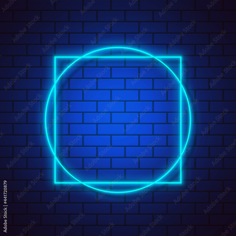 Glowing neon square and circle frame on blue gradient brick wall background