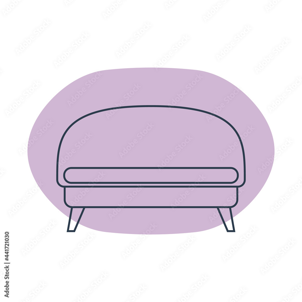 Comfortable sofa with one pillow. Image of couch in line art style. Element furniture of the interior. Modern stylish object for relaxation. Flat illustration with settee on shape background Comfortable sofa with one pillow. Image of couch in line art style. Element furniture of the interior. Modern stylish object for relaxation. Flat illustration with settee on shape background