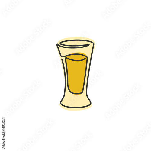 One line drawing tequila glass on white background. Cartoon graphic sketch for celebration design. Continuous line way. Hand drawn party drinks concept. Freehand drawing style