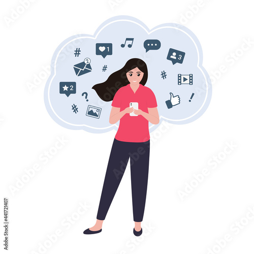 Young woman using a smartphone with many social media icons. Freelancer working in social network. Social media manager. Vector cartoon illustration