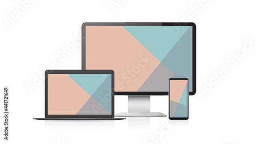 set computer monitor laptop and smartphone with colored screens realistic mockup gadgets and devices