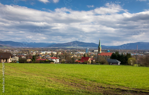 Panorama of Skoczów with a view to the surrounding mountains of Beskid Śląski