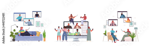 set mix race people chatting during video call with friends online conference virtual meeting communication concept
