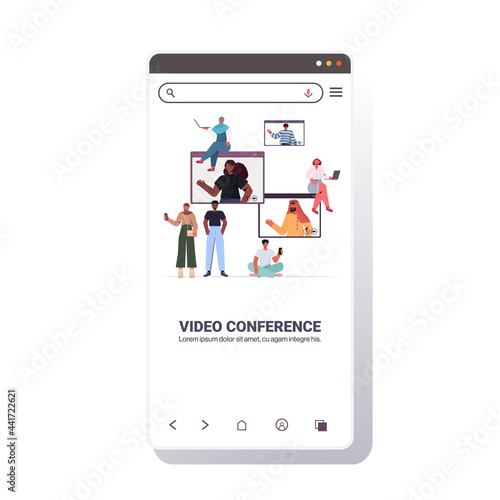 mix race people chatting during video call with friends in web browser windows online conference