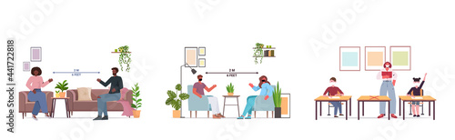set people in protective masks discussing during meeting keeping distance to prevent coronavirus social distancing