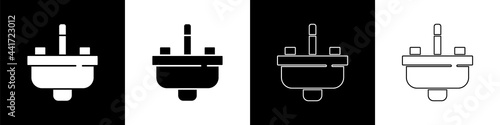 Set Washbasin with water tap icon isolated on black and white background. Vector