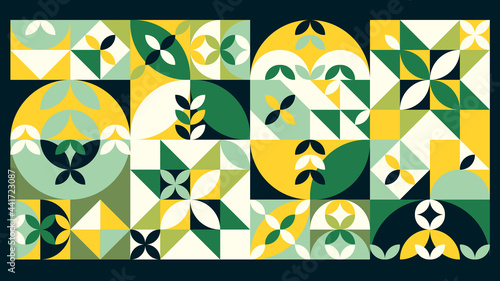 Geometric Background with Green and Yellow Leaves. Floristic Mosaic. Vector illustration