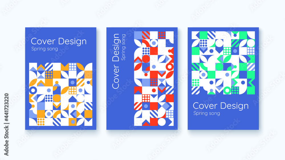 Cover Design. Set of Three Abstract Geometric Vertical Posters. Spring Song. Nature Colorful Motive. Vector illustration