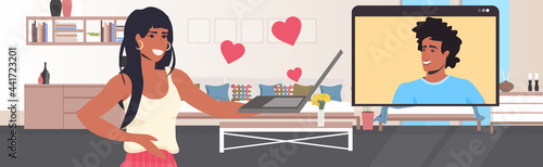 woman chatting with man in web browser window online dating app social relationship communication