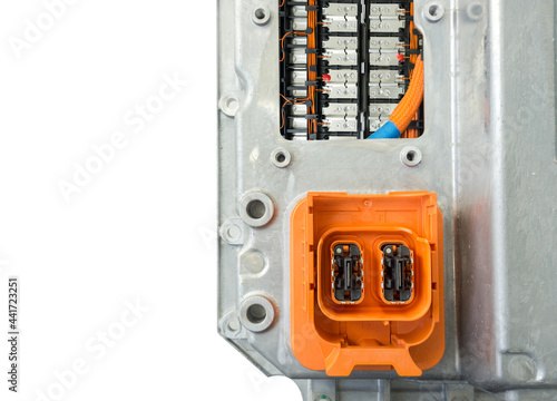 Electric car lithium battery module and power plug connections isolated on white background.