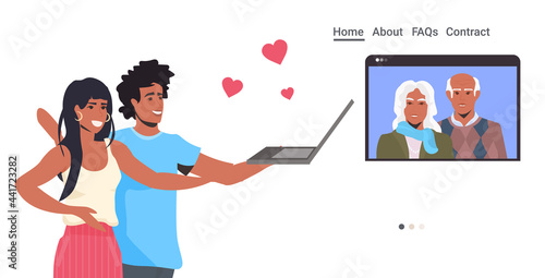 couple having virtual meeting with senior parents during video call family chat online communication concept