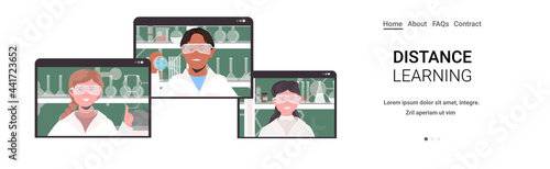 scientists holding test tubes researchers in web browser windows making chemical experiment distance learning