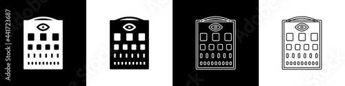 Set Eye test chart icon isolated on black and white background. Poster for vision testing in ophthalmic study. Snellen chart. Vector