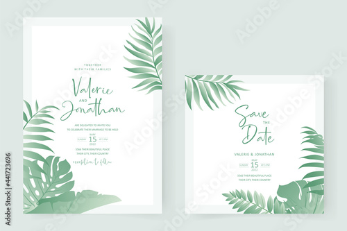 Summer wedding card design with tropical leaf theme