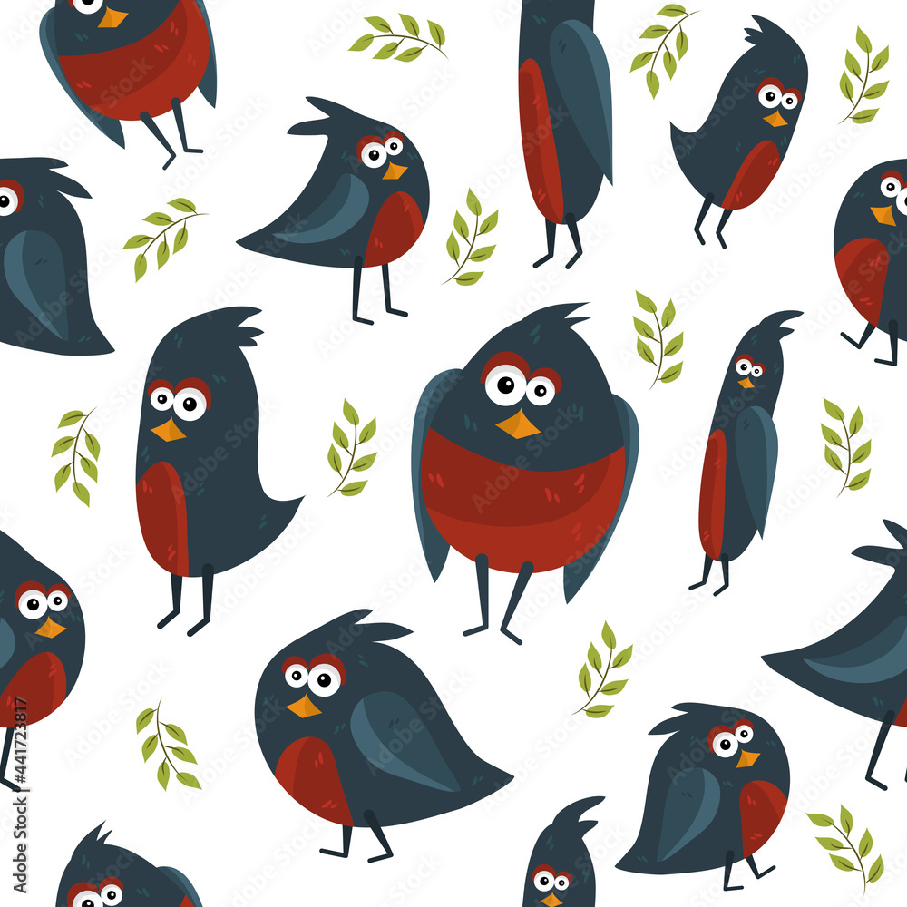 A flock of birds. Unusual and funny painted birds in a cartoon style. Cartoon. Stickers. Design of postcards, textiles. Print for bed linen. Seamless pattern. A flock of birds. Unusual and funny painted birds in a cartoon style. Cartoon. Stickers. Design of postcards, textiles. Print for bed linen. Seamless pattern.