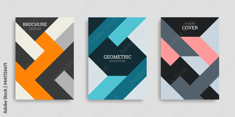 Business cover set. Collection of A4 vertical brochures with colorful geometric shapes. Abstract striped background. Template design in flat style. Vector illustration. Design poster, notebook.