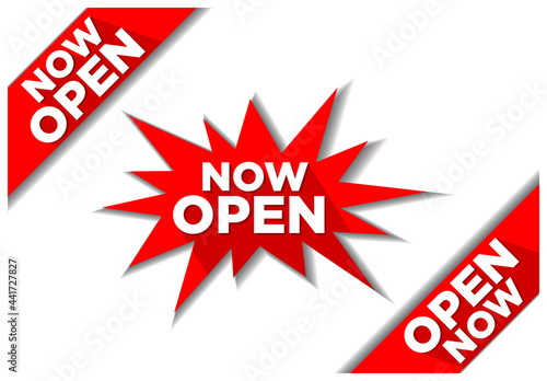 Now Open. Сorner and explosion stickers for online shop. Burst bubble speech with shadow on transparent background
