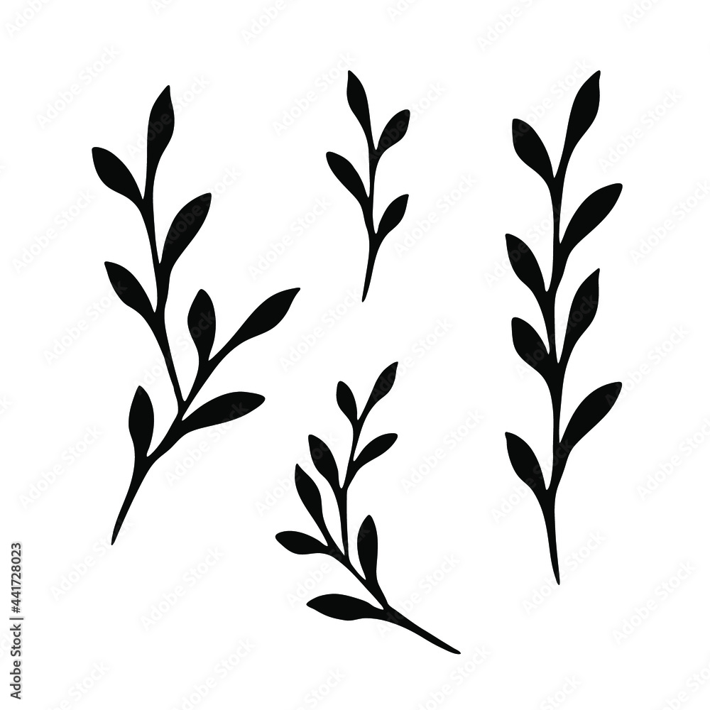Set of hand-drawn twigs with leaf. Monochrome illustration. Vector elements for design.