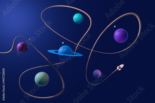 Fototapeta Naklejka Na Ścianę i Meble -  Cartoon space ship manoeuvring between planets. Toon space travel. 3D rendering.