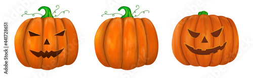 Set of orange pumpkins. Vegetables, harvest, Halloween holiday. Isolated on a white background.