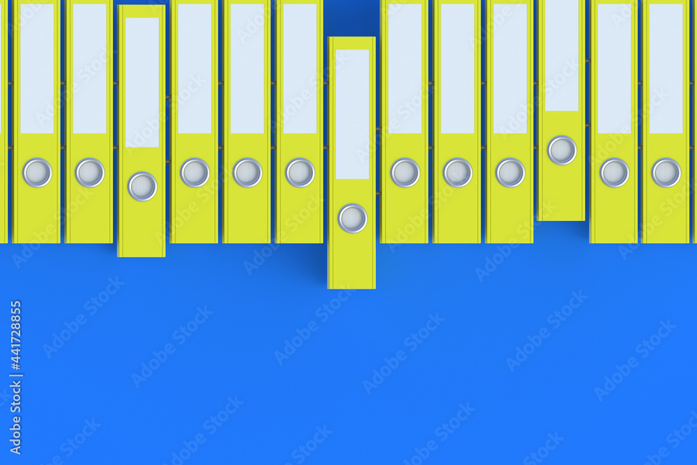 Row of binder file folders of yellow color on blue background. Copy space. 3d render Row of binder file folders of yellow color on blue background. Copy space. 3d render