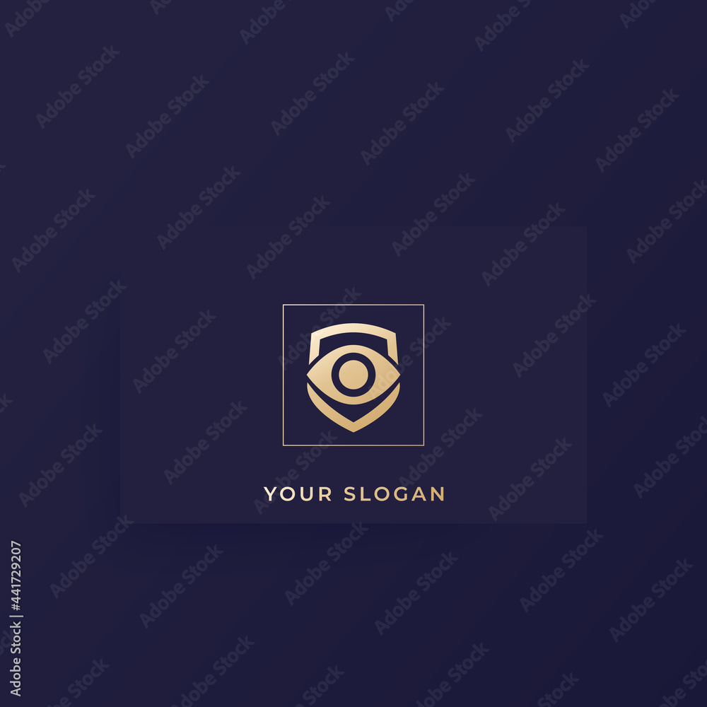Eye and shield vector logo on card