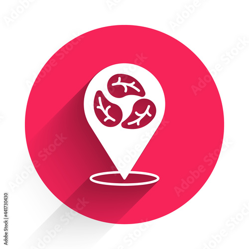 White Vegan food diet icon isolated White background. Organic, bio, eco symbol. Vegan, no meat, lactose free, healthy, fresh and nonviolent food. Red circle button. Vector