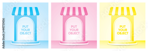 cute arch display stage with awning collection 3d illustration vector on sweet pastel wall and floor